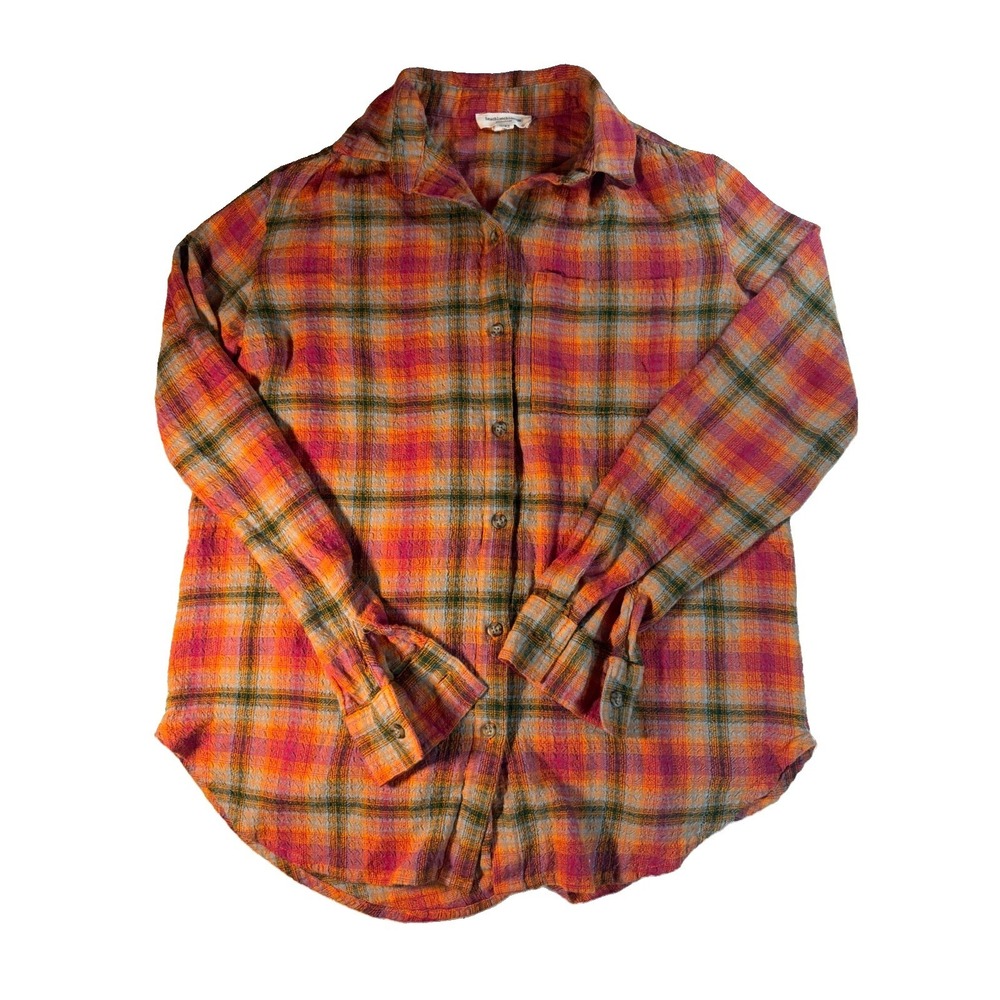 Beach Lunch Lounge Flannel Women's XS Orange Pink Plaid Crinkle Button Down